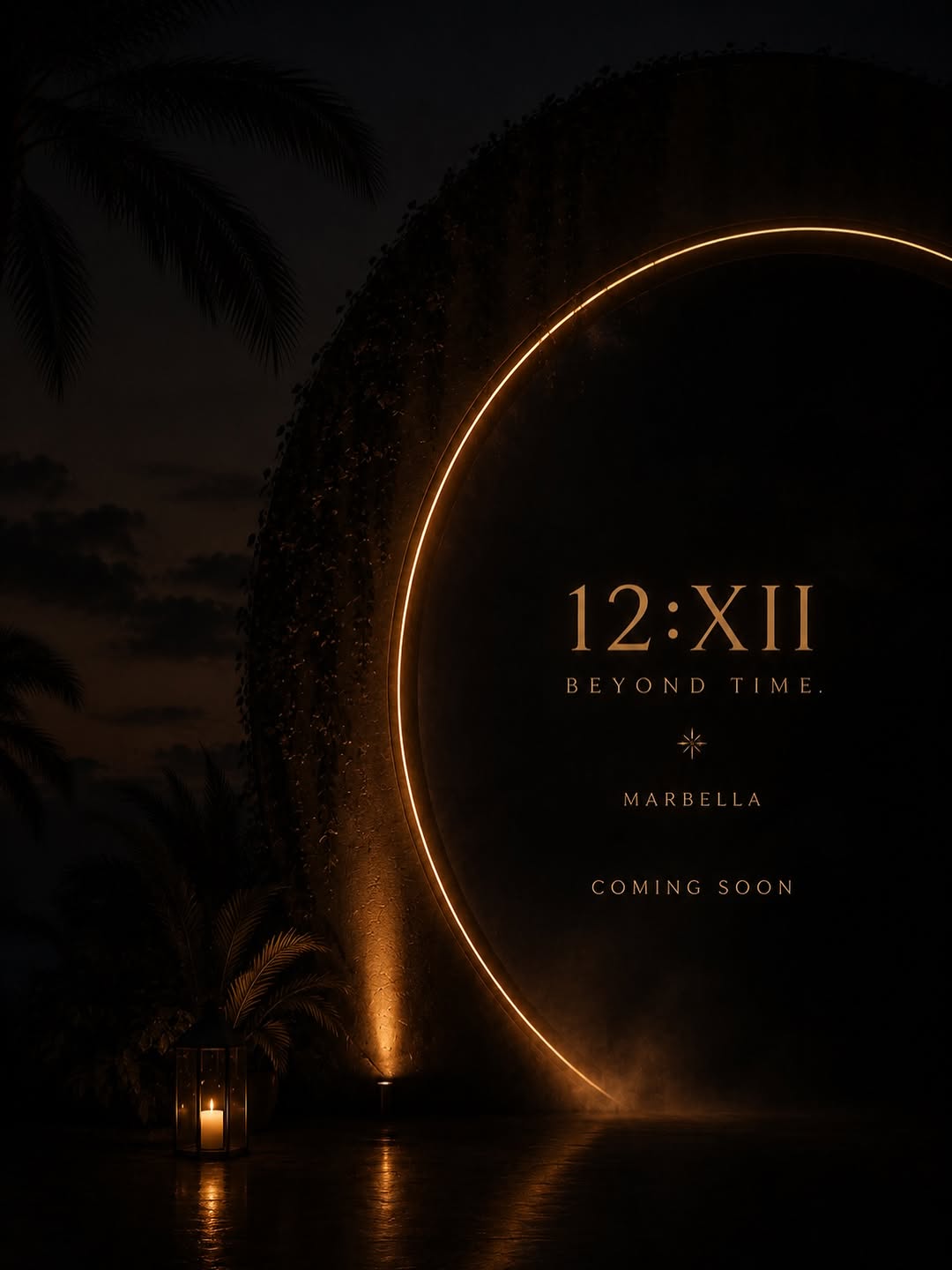12:XII festival visual - night scene with palm trees and golden circular light arc